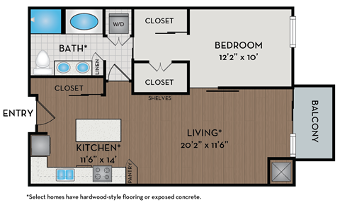 Floor plan for 1 bed, 1 bath, 831 sqft