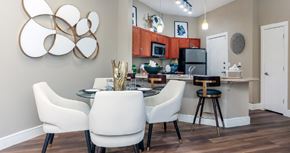 Irving apartment for rent - Luxury apartments with granite countertops, stainless appliances, large kitchen island, and dining room area at Delante apartments in Irving Texas