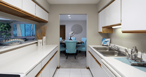 Omaha apartment for rent - Kitchen with lots of cabinet space, lots of counter space, and spacious dining room, at The Vanderbilt Apartments in Omaha, Nebraska