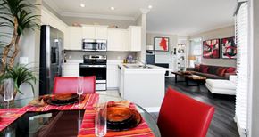 Lincoln apartment for rent - Luxury apartments with wood plank floors, spacious floor plan, white kitchen cabinets, gas fireplace, built-in shelves, and gray wall color at Rockledge Oaks Apartments in Lincoln, Nebraska