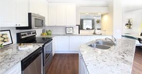 Houston apartment for rent - Spacious kitchen with island, granite countertops, white cabinets, smooth glass top stove, spacious pantries, breakfast bar and stainless-steel appliances at Tuscany Villas in Houston.