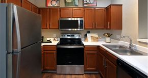 Lincoln apartment for rent - Luxury kitchen with wood plank floors, stainless steel appliances, honey brown cabinets, and white countertops at Lenox Village Apartments