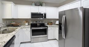 West Des Moines apartment for rent - Luxury apartments with granite countertops, white cabinets, stainless steel appliances, and side-by-side refrigerator at TurtleCreek apartments in West Des Moines, Iowa