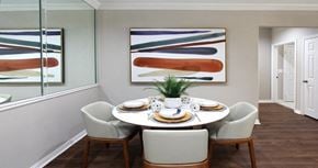 Dallas apartment for rent - Spacious dining room with plank wood floors and mirror accent wall at Prestonbridge Apartments in North Dallas