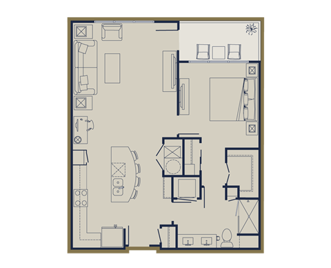 Floor plan for 1 bed, 1 bath, 833 sqft