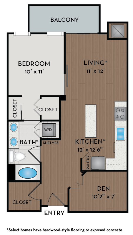 Floor plan for 1 bed, 1 bath, 739 sqft