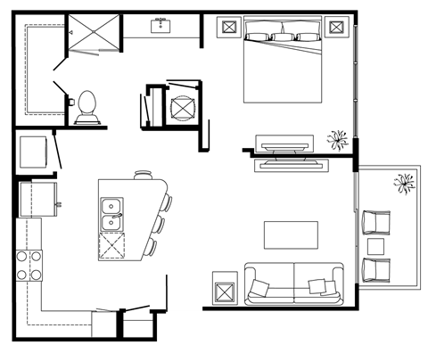 Floor plan for 1 bed, 1 bath, 717 sqft