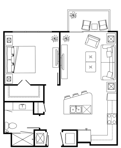 Floor plan for 1 bed, 1 bath, 728 sqft
