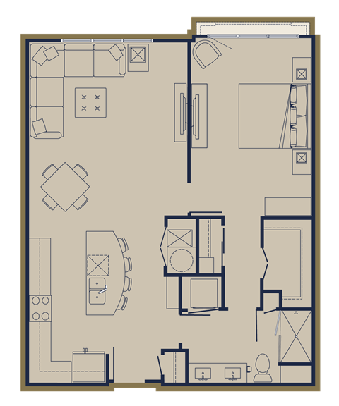 Floor plan for 1 bed, 1 bath, 911 sqft