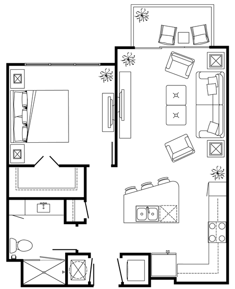 Floor plan for 1 bed, 1 bath, 756 sqft