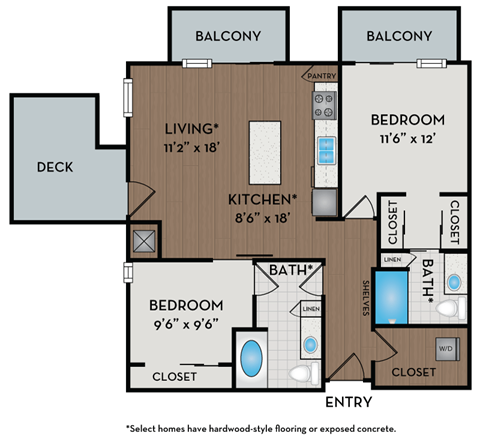 Floor plan for 2 beds, 2 baths, 1025 sqft
