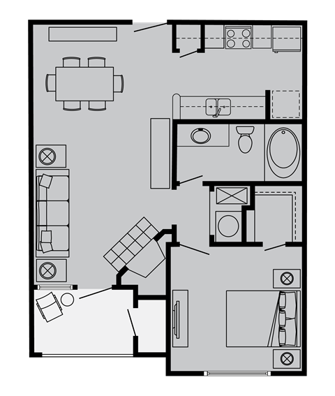 Floor plan for 1 bed, 1 bath, 620 sqft