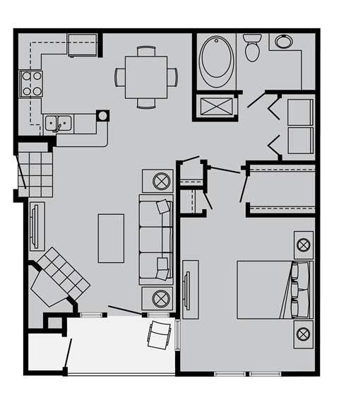 Floor plan for 1 bed, 1 bath, 716 sqft