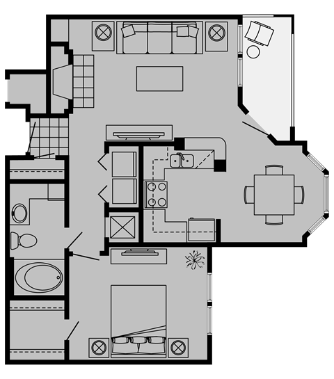 Floor plan for 1 bed, 1 bath, 722 sqft