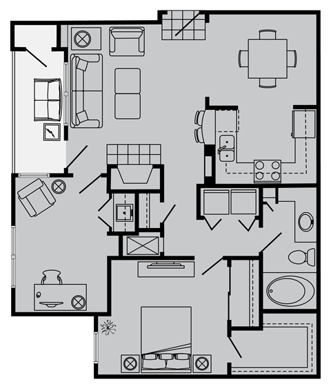 Floor plan for 1 bed, 1 bath, 832 sqft