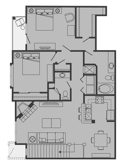 Floor plan for 2 beds, 1.5 baths, 1184 sqft
