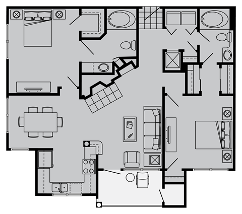 Floor plan for 2 beds, 2 baths, 1035 sqft
