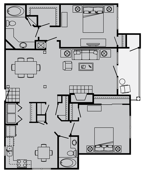 Floor plan for 2 beds, 2 baths, 1264 sqft