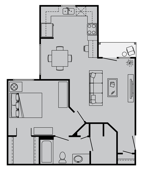 Floor plan for 1 bed, 1 bath, 669 sqft