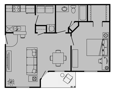 Floor plan for 1 bed, 1 bath, 740 sqft