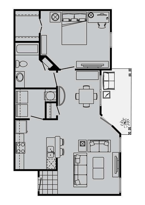 Floor plan for 1 bed, 1 bath, 731 sqft