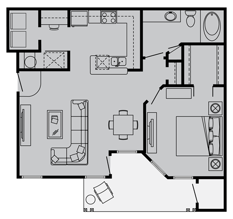 Floor plan for 1 bed, 1 bath, 790 sqft