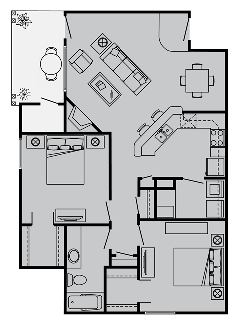 Floor plan for 2 beds, 1 bath, 963 sqft