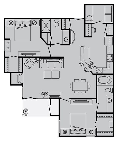 Floor plan for 2 beds, 2 baths, 1136 sqft