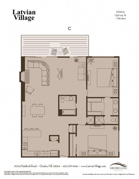 Floor plan for 2 beds, 2 baths, 1379 sqft