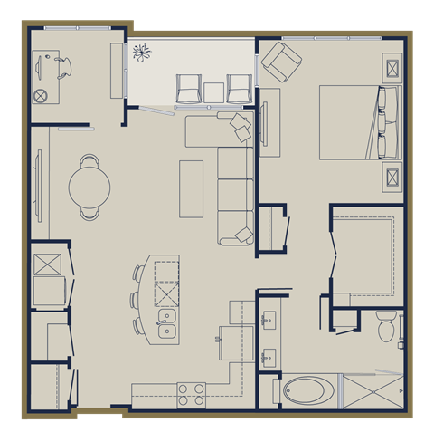 Floor plan for 1 bed, 2 baths, 950 sqft