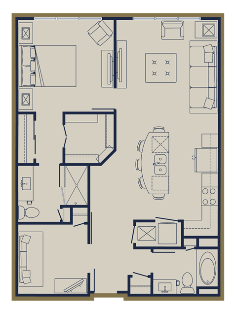Floor plan for 1 bed, 2 baths, 950 sqft