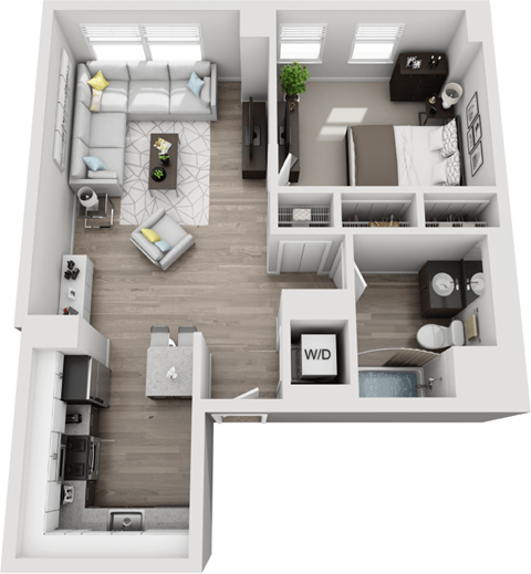 Floor plan for 1 bed, 1 bath, 690 sqft