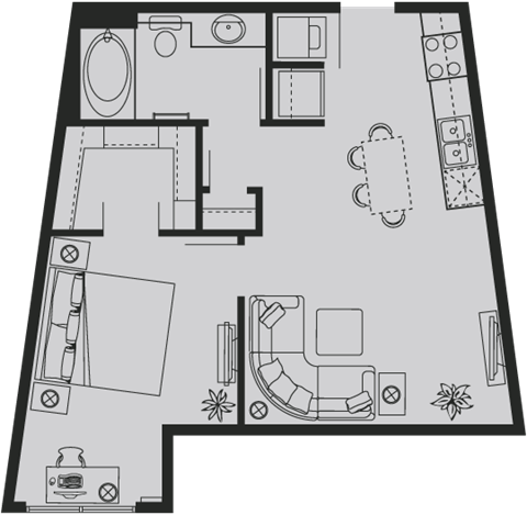Floor plan for 1 bed, 1 bath, 575 sqft