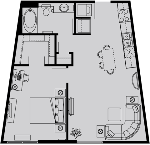 Floor plan for 1 bed, 1 bath, 656 sqft
