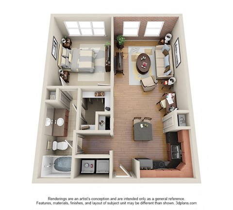 Floor plan for 1 bed, 1 bath, 723 sqft