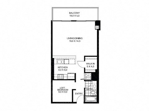 Floor plan for 1 bed, 1 bath, 687 sqft