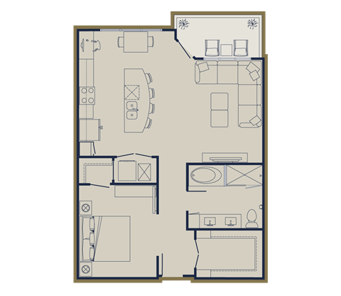 Floor plan for 1 bed, 1 bath, 872 sqft
