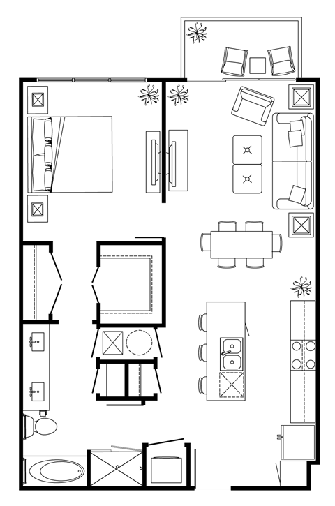 Floor plan for 1 bed, 1 bath, 853 sqft