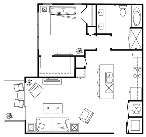Floor plan for 1 bed, 1 bath, 874 sqft