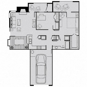 Floor plan for 1 bed, 1 bath, 970 sqft