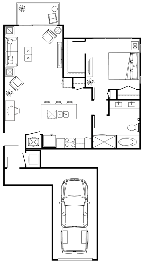 Floor plan for 1 bed, 1 bath, 913 sqft