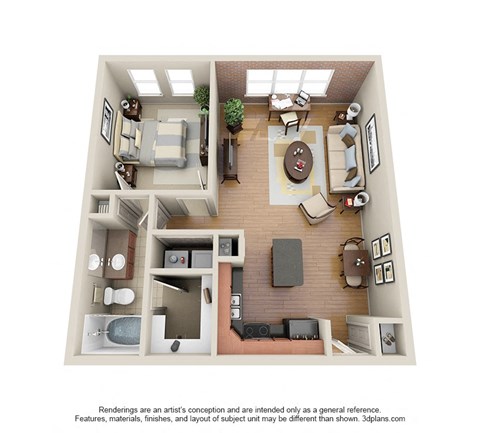 Floor plan for 1 bed, 1 bath, 840 sqft
