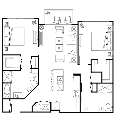 Floor plan for 2 beds, 2 baths, 1202 sqft