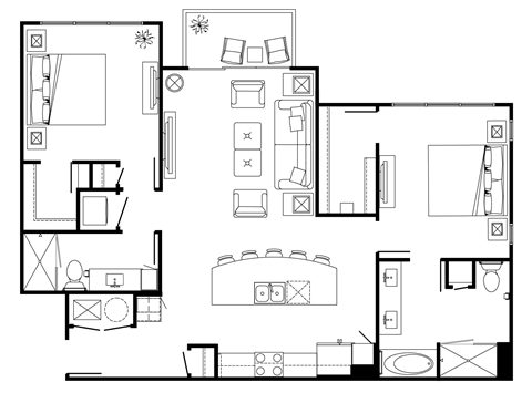 Floor plan for 2 beds, 2 baths, 1196 sqft