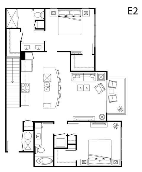 Floor plan for 2 beds, 2 baths, 1217 sqft