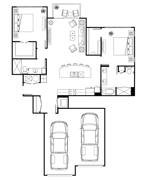 Floor plan for 2 beds, 2 baths, 1270 sqft