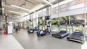 Chicago apartment for rent - a gym with cardio equipment and windows in a building