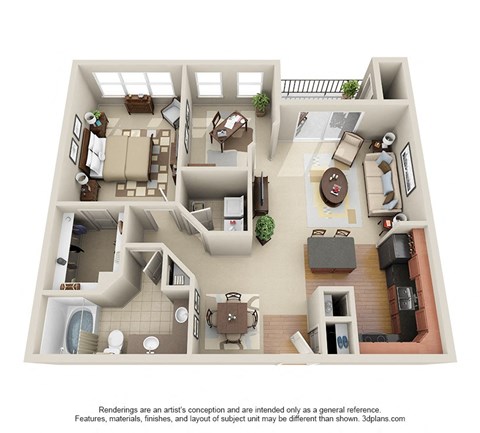 Floor plan for 1 bed, 1 bath, 946 sqft