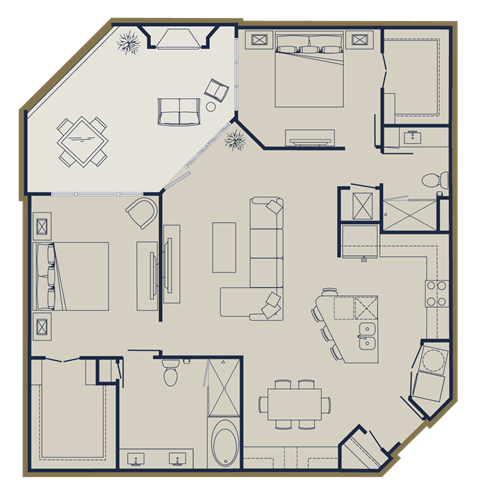 Floor plan for 2 beds, 2 baths, 1363 sqft