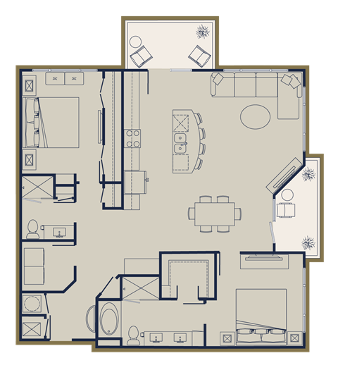 Floor plan for 2 beds, 2 baths, 1360 sqft